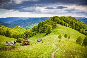 Apuseni Mountains Prints: Rural landscape with traditional thatched roof wooden cottages in Dumesti