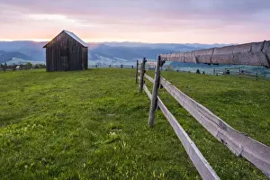 Rural Romanian landscape at sunrise in the Bukovina Region (Bucovina), Paltinu, Romania