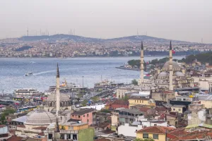 Traditionally Turkish Prints: Rustem Pasha Mosque and New Mosque (Yeni Cami) with Bosphorus Strait behind, Istanbul