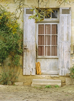 Domestic Life Prints: Rustic door and bread, Aquitaine, France, Europe