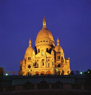 Montmartre Prints: Sacre Coeur Basilica at Night, Paris, France