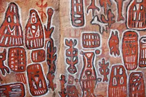 Depiction Prints: Sacred rock paintings on cliff depicting Dogon customs and stories in Songo