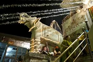 Images Dated 18th October 2009: Saddhus sit under decorative marble elephant at the entrance to the Jagdish temple at Diwali