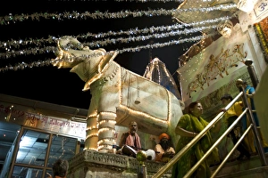 Images Dated 18th October 2009: Saddhus sit under decorative marble elephant at the entrance to the Jagdish temple at Diwali