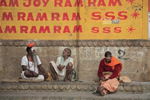 Mingling Prints: Sadhus (holy men), ghats, Varanasi, Uttar Pradesh, India, Asia