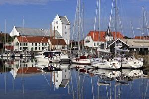 Jutland Prints: Saeby Klosterkirke and the harbour, Saeby, Jutland, Denmark, Scandinavia, Europe
