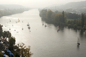 Traditionally Czech Prints: Sail boats on Vltava River in autumn, Vysehrad, Prague, Czech Republic, Europe