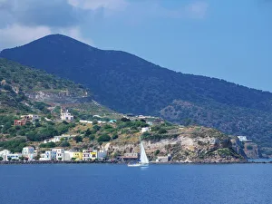 Nisyros Prints: Sailboat off the coast of Nisyros Island, Dodecanese, Greek Islands, Greece, Europe
