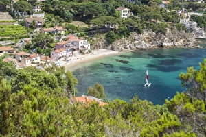 Livorno Province Prints: Sailboat in the turquoise sea, Porto Azzurro, Elba Island, Livorno Province, Tuscany