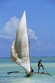 Tanzanian Prints: Sailing boat, Kiwengwa beach, Zanzibar, Tanzania, East Africa, Africa