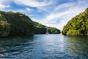 Sailing Boat Prints: Sailing boat leaving the habour of Koror, Rock islands, Palau, Central Pacific, Pacific