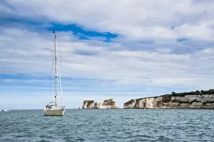 Images Dated 24th July 2010: Sailing boat at Old Harry Rocks, between Swanage and Purbeck, Dorset, Jurassic Coast