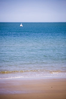 Sailing Boat Prints: Sailing boat, seen from Swanage Beach, Dorset, England, United Kingdom, Europe