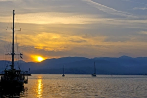 Nafplio Prints: Sailing boat at sunset in the harbor of Nafplio, Peloponnese, Greece, Europe