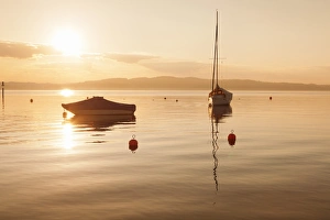 Buoy Prints: Sailing boat at sunset, Lake Constance, near Konstanz, Baden-Wurttemberg, Germany, Europe