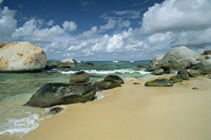 Virgin Gorda Prints: Sailing boats moored off the beach at the Baths, Virgin Gorda, British Virgin Islands