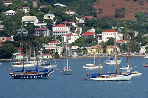 Virgin Islands Prints: Sailing boats moored off Charlotte Amalie, St