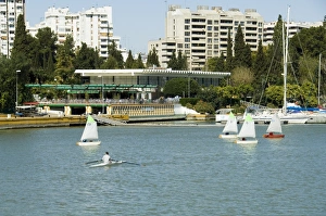 Recreational Boat Prints: Sailing boats and sailing club in the background on