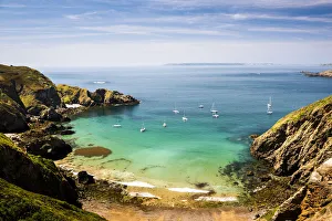Typically British Prints: Sailing boats seen from La Coupee, Sark Island, Channel Islands, United Kingdom, Europe