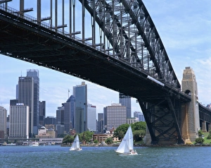 Ns W Prints: Sailing boats below Sydney Harbour Bridge, Sydney, New South Wales, Australia, Pacific