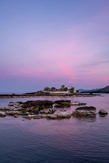 Peloponnese Prints: Saint Fokas Orthodox chapel on the coast of Greece at sunset, Peloponnese, Greece