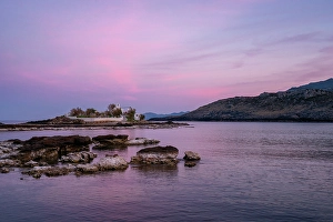 Peloponnese Prints: Saint Fokas Orthodox chapel on the coast of Greece at sunset, Peloponnese, Greece