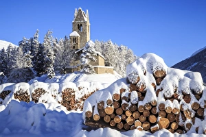 Stacked Prints: Saint Gian Church after a snowfall in Engadine, Switzerland, Europe