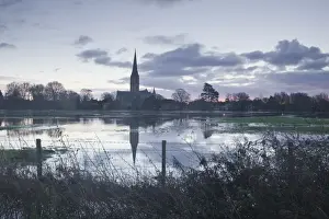 Salisbury Prints: Salisbury Cathedral at dawn reflected in the flooded West Harnham Water Meadows