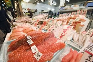 Salmon sushi roe at Nishiki food market, Kyoto, Japan, Asia