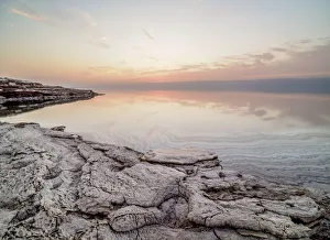 Salt Prints: Salt formations on the shore of the Dead Sea at dusk, Karak Governorate, Jordan