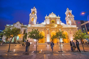 North Argentina Prints: Salta Cathedral at night, 9 de Julio central square