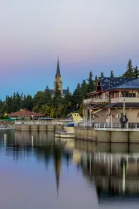 Gothic Style Prints: San Carlos Port and Cathedral at dusk, San Carlos de Bariloche, Nahuel Huapi National Park