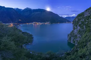 Valtellina Prints: San Fedelino Bay from above illuminated by moon at twilight