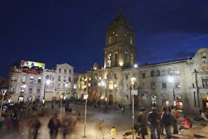 Bolivian Prints: San Francisco Church in Plaza San Francisco at dusk, La Paz, Bolivia, South America