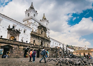 Flock Of Birds Prints: San Franscisco Church in Quito, Ecuador, South America