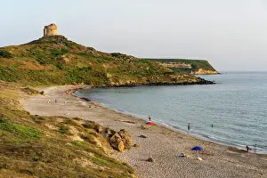 Umbrella Prints: San Giovanni di Sinis beach with historic tower on San Marco Cape