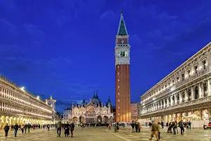 Public Square Prints: San Marco plaza (St. Mark's Square) with Basilica and church tower illuminated at night