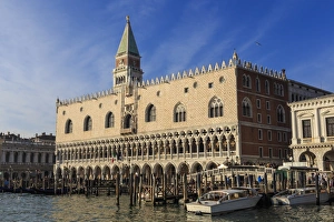 Gothic Style Prints: San Marco waterfront bathed in afternoon sun, Campanile and Doges Palace, Venice