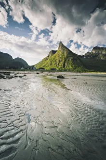 Troms County Prints: Empty sand beach with majestic Hatten mountain in the background, Ersfjord, Senja island