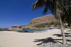 Sand Beach Prints: Sand beach with palms and rocks, Tarrafal, Santiago, Cape Verde Islands, Atlantic, Africa