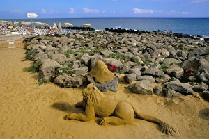 Sand sculpture and seafront, Maspalomas, Gran Canaria, Canary Islands, Spain