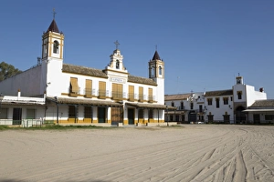 El Rocio Prints: Sand streets and brotherhood houses, El Rocio, Huelva Province, Andalucia, Spain, Europe