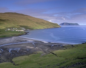 Images Dated 21st September 2009: Sandvik illage and bay, Litla Dimun Island in the distance, Suduroy Island