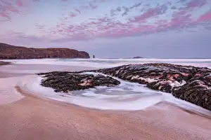 Scottish Culture Prints: Sandwood Bay at sunrise, with Am Buachaille sea stack in far distance, Sutherland