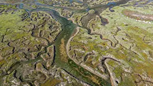 Ecology Prints: Sandy wetlands in Olhao region show winding waterways and wild vegetation during daylight in Algarve