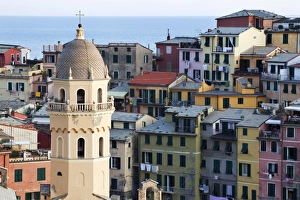 High Angle Vie Prints: Santa Margherita Church and colourful buildings at dusk