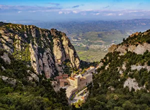 Santa Maria de Montserrat Abbey, elevated view, Montserrat mountain range near Barcelona