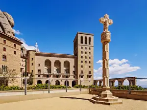 Montserrat Prints: Santa Maria de Montserrat Abbey, Montserrat mountain range near Barcelona, Catalonia