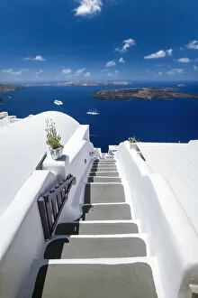 Santorini Gallery: Santorini, stairs with a view to the sea and Caldera, Santorini, Cyclades, Greek Islands, Greece