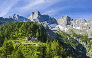 Moritz Prints: Sasc Fura hut with the famous Pizzo Badile in the background, Bondasca valley